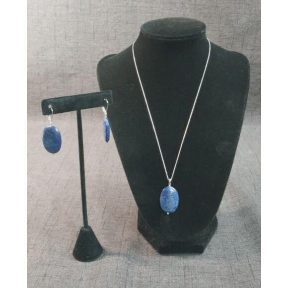 Vintage Sterling Silver Lapis Lazuli Pendant Necklace and Leverback Earrings Set - Picture 2 of 5